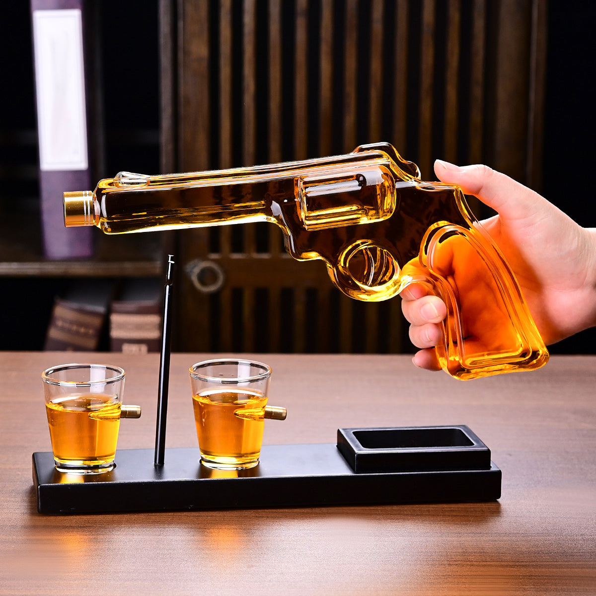 Revolver Pistol Decanter & 4 Bullet Glasses Set