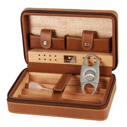 Luxury Leather Cigar Humidor Set (for 4 Cigars) (Rich Brown)