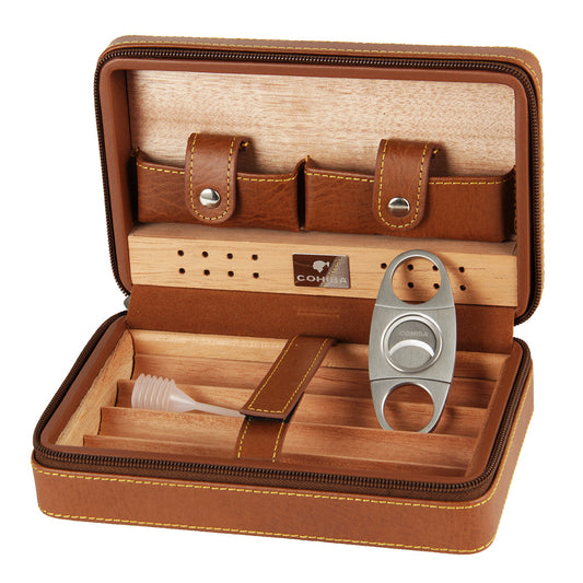 Luxury Leather Cigar Humidor Set (for 4 Cigars) (Rich Brown)