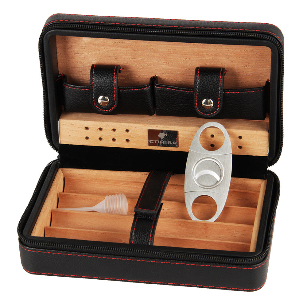 Luxury Leather Cigar Humidor Set (for 4 Cigars) (Black)