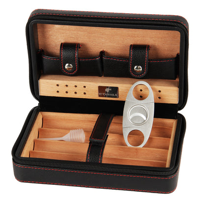 Luxury Leather Cigar Humidor Set (for 4 Cigars) (Black)