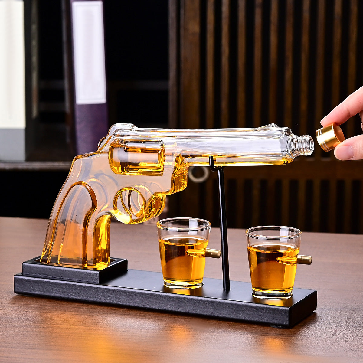 Revolver Pistol Decanter & 4 Bullet Glasses Set